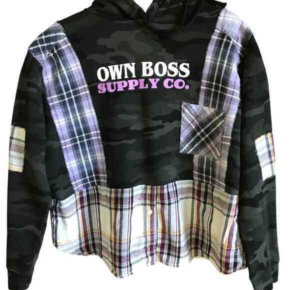 Patchwork Camo Hoodie, Size M-L: Upcycled Hipster Grunge Violet Plaid Sweatshirt - Picture 6 of 14